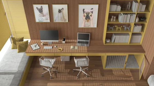 Pet friendly yellow and wooden corner office, desk with chairs, computers, bookshelf, dog bed with gate. Window and parquet. French bulldog artworks. Top view, above. Interior design