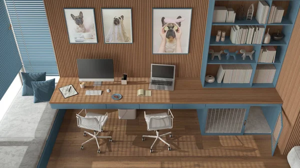 Evcil hayvan dostu mavi ve ahşap ofis, sandalyeli masa, bilgisayarlar, kitaplık, kapısı olan köpek yatağı. Pencere ve parke. Fransız buldog sanat eserleri. Üst manzara, yukarıda. İç tasarım