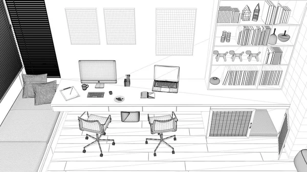 Blueprint Projektentwurf Haustierfreundliches Eckbüro Schreibtisch Stühle Computer Bücherregal Hundebett Mit — Stockfoto