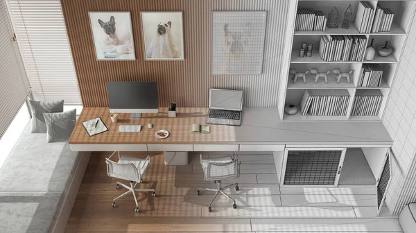 Mimar iç mimar konsepti: elle çizilmiş tamamlanmamış proje gerçek, hayvan dostu köşe ofisi, köpek yatağı haline geliyor. Pencere, parke. Çerçeve modeli. Üst görünüm, yukarıda