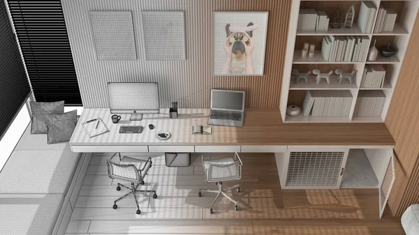 Mimar iç mimar konsepti: elle çizilmiş tamamlanmamış proje gerçek, hayvan dostu köşe ofisi, köpek yatağı haline geliyor. Pencere, parke. Çerçeve modeli. Üst görünüm, yukarıda
