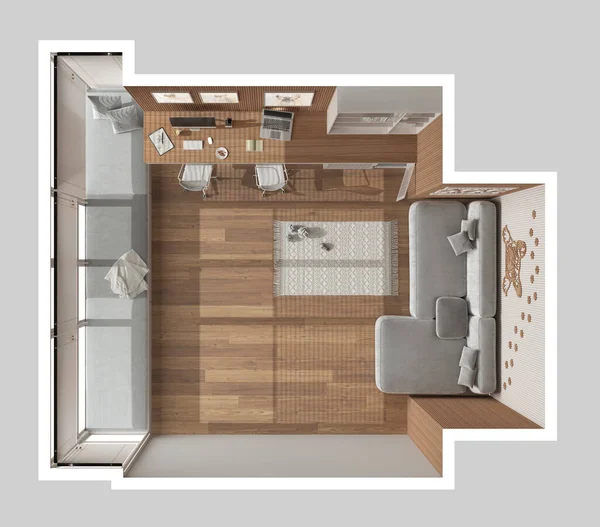 Evcil hayvan dostu beyaz ve tahta köşeli ofis, bilgisayarlı masa, kitaplık, kapısı olan köpek yatağı. Kanepe ve parke ile pencere. Oyuncaklı halı. Manzara, plan, yukarısı. İç tasarım