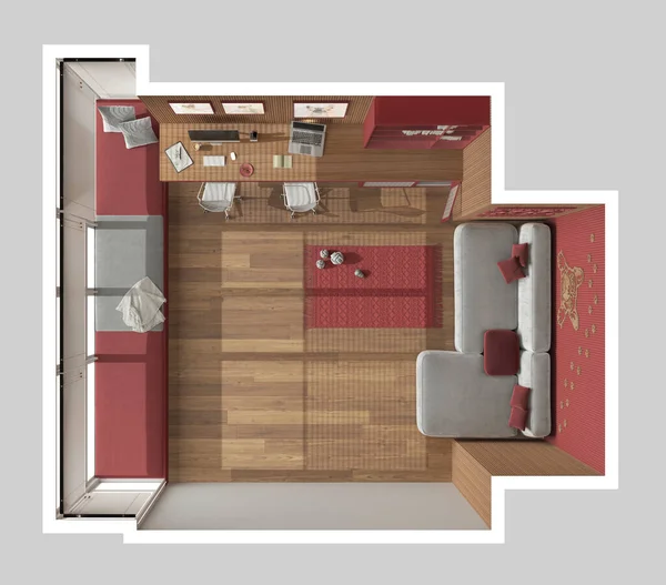 Pet friendly red and wooden corner office, desk with computers, bookshelf, dog bed with gate. Window with sofa and parquet. Carpet with toys. Top view, plan, above. Interior design