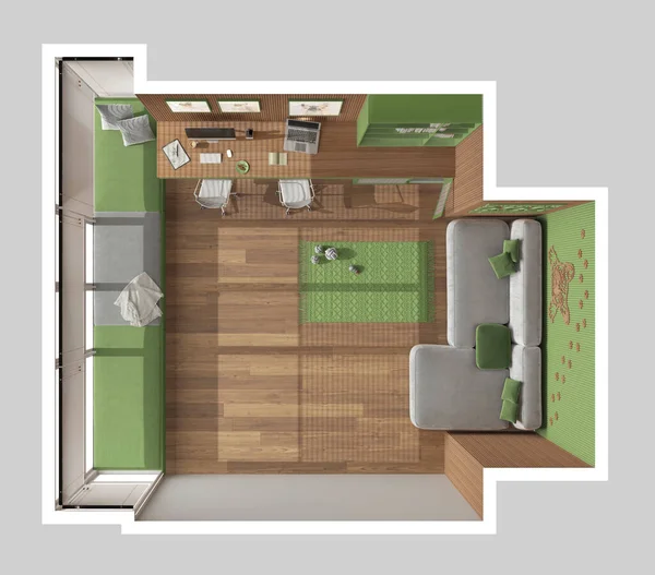 Pet friendly green and wooden corner office, desk with computers, bookshelf, dog bed with gate. Window with sofa and parquet. Carpet with toys. Top view, plan, above. Interior design