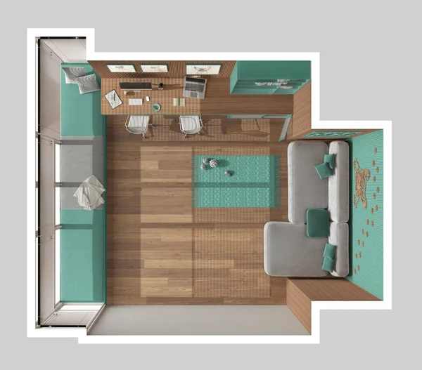 Pet friendly turquoise and wooden corner office, desk with computers, bookshelf, dog bed with gate. Window with sofa and parquet and carpet. Top view, plan, above. Interior design