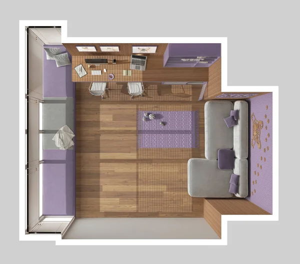 Pet friendly purple and wooden corner office, desk with computers, bookshelf, dog bed with gate. Window with sofa and parquet. Carpet with toys. Top view, plan, above. Interior design