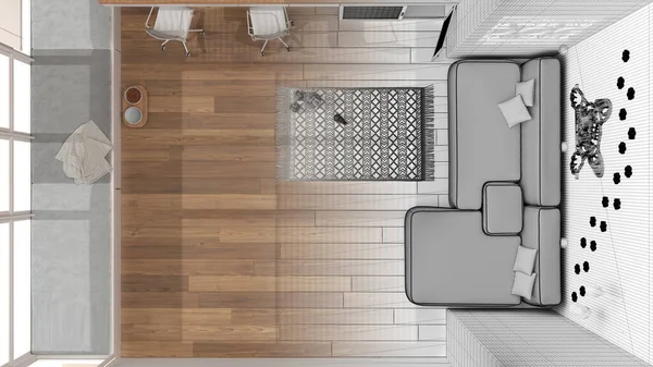 Mimar iç mimar konsepti: elle çizilmiş tamamlanmamış proje, kanepesi ve masası olan hayvan dostu oturma odası. Kapılı köpek yatağı. Üst görünüm, plan, yukarıda