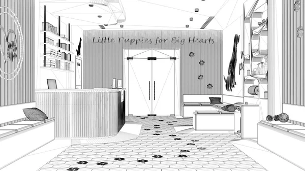 Proje taslağı, veteriner kliniği iç tasarımı. Oturma odasında bank ve yastıklar, resepsiyon, su soğutuculu kitaplık, kapılar, terrazzo fayanslar ve dekorlar.