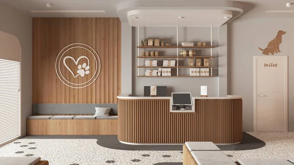 Vet clinic waiting room in white and wooden tones. Reception desk with shelves, sitting area with benches, pillows and carpet. Entrance door and terrazzo tiles. Interior design idea