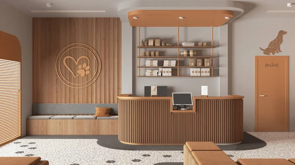 Vet clinic waiting room in orange and wooden tones. Reception desk with shelves, sitting area with benches, pillows and carpet. Entrance door and terrazzo tiles. Interior design idea