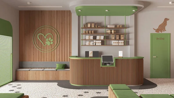 Vet clinic waiting room in green and wooden tones. Reception desk with shelves, sitting area with benches, pillows and carpet. Entrance door and terrazzo tiles. Interior design idea