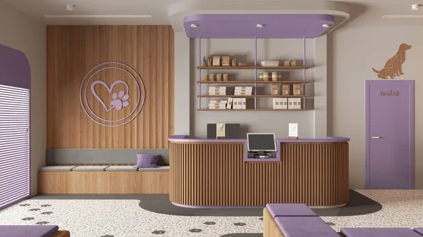 Vet clinic waiting room in purple and wooden tones. Reception desk with shelves, sitting area with benches, pillows and carpet. Entrance door and terrazzo tiles. Interior design idea