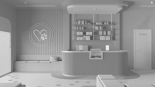 Total white project draft, vet clinic waiting room. Reception desk with shelves, sitting area with benches, pillows and carpet. Entrance door, terrazzo tiles. Interior design concept