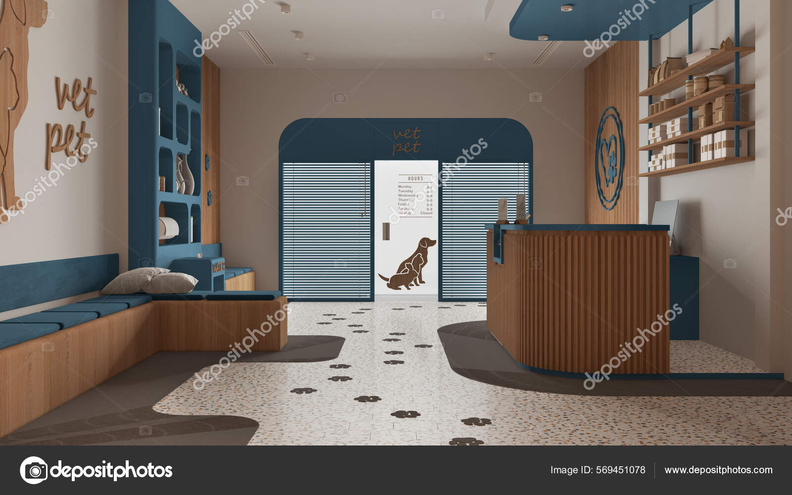 Veterinary Clinic Blue Wooden Tones Waiting Room Sitting Benches