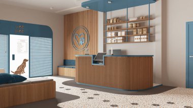 Veteriner kliniğinin bekleme odası mavi ve ahşap tonlarda. Halılı resepsiyon masası, yastıklı banklı oturma alanı. Terrazzo fayansları, evcil hayvan mamasıyla dolu raflar. İç tasarım