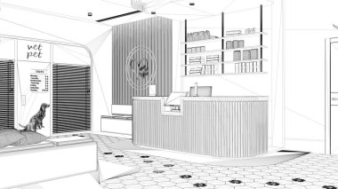 Proje taslağı, veteriner kliniği bekleme odası. Halılı resepsiyon masası, banklı oturma alanı. Terrazzo fayansları, evcil hayvan mamasıyla dolu raflar. İç tasarım fikri