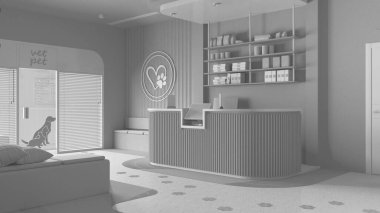 Tamamen beyaz proje taslağı, veteriner kliniği bekleme odası. Halılı resepsiyon masası, banklı oturma alanı. Terrazzo fayansları, evcil hayvan mamasıyla dolu raflar. İç tasarım fikri