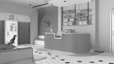 Tamamlanmamış proje taslağı, veteriner kliniği bekleme odası. Halılı resepsiyon masası, banklı oturma alanı. Terrazzo fayansları, evcil hayvan mamasıyla dolu raflar. İç tasarım fikri