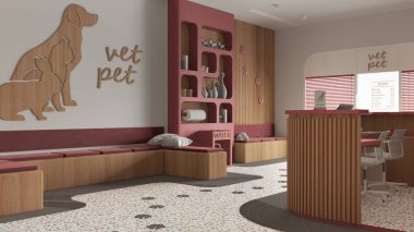 Kırmızı ve ahşap tonlarda veterinerlik projesi. Oturan banklar ve yastıklarla bekleme odası, resepsiyon masası. Süslü kitaplık, terrazzo fayansları. İç tasarım kavramı