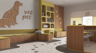 Veteriner mimari projesi sarı ve ahşap tonlarda. Oturan banklar ve yastıklarla bekleme odası, resepsiyon masası. Süslü kitaplık, terrazzo fayansları. İç tasarım fikri