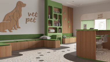 Yeşil ve ahşap tonlarda veterinerlik projesi. Oturan banklar ve yastıklarla bekleme odası, resepsiyon masası. Süslü kitaplık, terrazzo fayansları. İç tasarım fikri