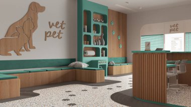 Turkuaz ve ahşap tonlarda veterinerlik projesi. Oturan banklar ve yastıklarla bekleme odası, resepsiyon masası. Süslü kitaplık, terrazzo fayansları. İç tasarım