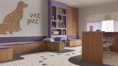 Mor ve ahşap tonlarda veterinerlik projesi. Oturan banklar ve yastıklarla bekleme odası, resepsiyon masası. Süslü kitaplık, terrazzo fayansları. İç tasarım fikri