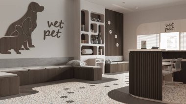 Veteriner mimari projesi. Koyu ahşap tonlarda. Oturan banklar ve yastıklarla bekleme odası, resepsiyon masası. Süslü kitaplık, terrazzo fayansları. İç tasarım kavramı