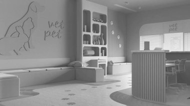 Tamamen beyaz proje taslağı, veteriner mimari projesi. Oturan banklar ve yastıklarla bekleme odası, resepsiyon masası. Süslü kitaplık, terrazzo fayansları. İç tasarım fikri