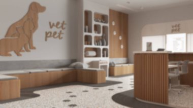 Bulanık arka plan, veteriner mimari projesi. Oturan banklar ve yastıklarla bekleme odası, resepsiyon masası. Süslü kitaplık, terrazzo fayansları. İç tasarım kavramı