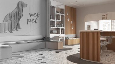 Mimar iç mimar konsepti: elle çizilmiş tamamlanmamış proje gerçek, veterinerlik mimari projesine dönüşüyor. Bekleme odası, oturma sıraları, yastıklar, resepsiyon masası.