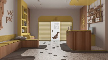 Sarı ve ahşap tonlarda veteriner kliniği. Bekleme odası, banklar ve yastıklar, resepsiyon masası perdeli giriş kapısı, kitaplık, terrazzo fayansları, dekorlar. İç tasarım fikri