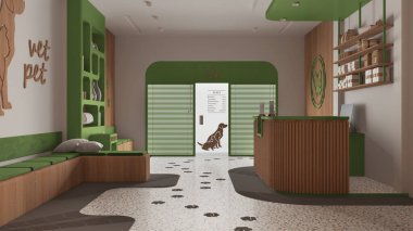 Yeşil ve ahşap tonlarda veteriner kliniği. Oturan banklar ve yastıklarla bekleme odası, resepsiyon masası perdeli giriş kapısı, kitaplık, terrazzo fayansları. İç tasarım fikri