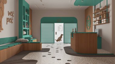 Turkuaz ve ahşap tonlarda veteriner kliniği. Bekleme odası, banklar ve yastıklar, resepsiyon masası perdeli giriş kapısı, kitaplık, terrazzo fayansları, dekorlar. İç tasarım