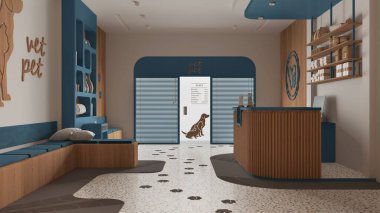 Mavi ve ahşap tonlarda veteriner kliniği. Oturan banklar ve yastıklarla bekleme odası, resepsiyon masası perdeli giriş kapısı, kitaplık, terrazzo fayansları. İç tasarım fikri