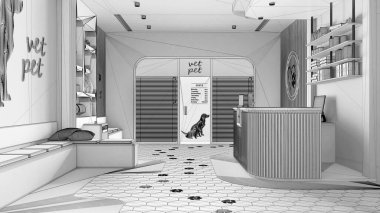 Bitmemiş proje taslağı, veteriner kliniği. Oturan banklar ve yastıklarla bekleme odası, resepsiyon masası perdeli giriş kapısı, kitaplık, terrazzo fayansları. İç tasarım fikri