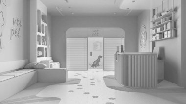 Tamamen beyaz proje taslağı, veteriner kliniği. Bekleme odası, oturma sıraları ve yastıklar, resepsiyon masası perdeli giriş kapısı, kitaplık, terrazzo fayansları, dekorlar. İç tasarım