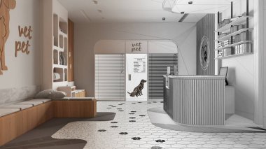 Mimar iç mimar konsepti: elle çizilmiş tamamlanmamış proje gerçek, veterinerlik kliniği haline geliyor. Bekleme odası, oturma sıraları ve yastıklar, resepsiyon masası, giriş kapısı.