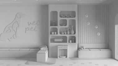 Tamamen beyaz proje taslağı, veteriner hastanesinin bekleme odası. Oturma odası, banklar ve yastıklar, terrazzo fayanslar ve halı. Hayvan mamasıyla dolu bir kitaplık, su soğutucusu. İç tasarım