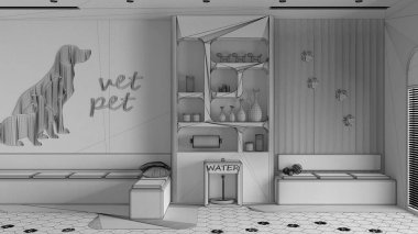 Tamamlanmamış proje taslağı, veteriner hastanesinin bekleme odası. Oturma odası, banklar ve yastıklar, terrazzo fayanslar ve halı. Hayvan maması ve soğutuculu kitaplık. İç tasarım