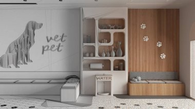 Mimar iç mimar konsepti: elle çizilmiş tamamlanmamış proje gerçek, veteriner hastanesi bekleme odası haline geliyor. Oturma odası, hayvan maması ve soğutuculu kitaplık.