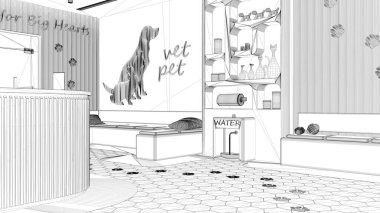 Proje taslağı, veteriner kliniği bekleme odası. Resepsiyon masası, yastıklı banklarla oturma alanı. Kitap rafı, su soğutucusu, hayvan mamasıyla dolu raflar. İç tasarım