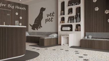 Veteriner kliniği bekleme odası. Koyu ahşap tonlarda. Resepsiyon masası, yastıklı banklarla oturma alanı. Kitap rafı, su soğutucusu, hayvan mamasıyla dolu raflar. İç tasarım