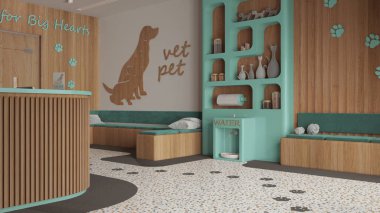 Veteriner kliniğinin bekleme odası turkuaz ve ahşap tonlarda. Resepsiyon masası, oturma odası, banklar, yastıklar. Kitap rafı, su soğutucusu, hayvan mamasıyla dolu raflar. İç tasarım