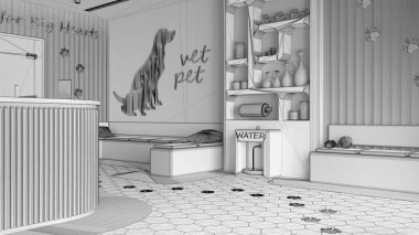Tamamlanmamış proje taslağı, veteriner kliniği bekleme odası. Resepsiyon masası, yastıklı banklarla oturma alanı. Kitap rafı, su soğutucusu, hayvan mamasıyla dolu raflar. İç tasarım
