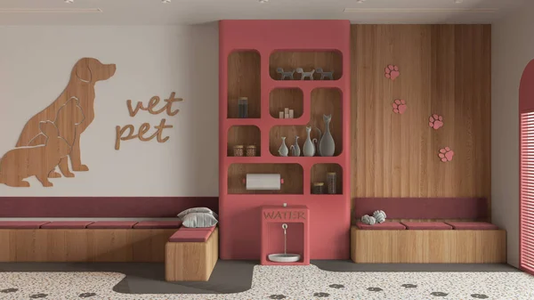 Veterinary hospital waiting room in red and wooden tones. Sitting room with benches and pillows, terrazzo tiles and carpet. Bookshelf with pet food and water cooler. Interior design