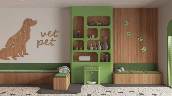 Veterinary hospital waiting room in green and wooden tones. Sitting room with benches and pillows, terrazzo tiles and carpet. Bookshelf with pet food and water cooler. Interior design