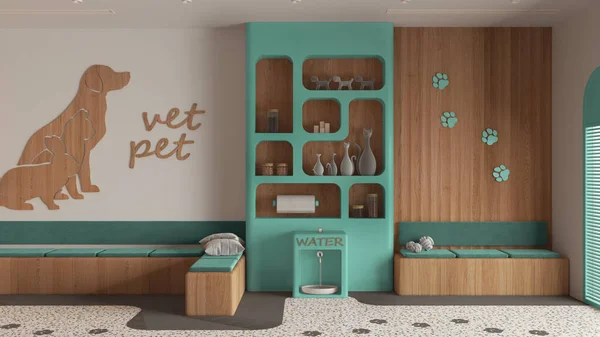 Veterinary hospital waiting room in turquoise and wooden tones. Sitting room with benches and pillows, terrazzo tiles, carpet. Bookshelf with pet food, water cooler. Interior design