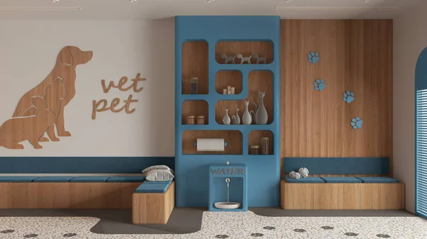 Veterinary hospital waiting room in blue and wooden tones. Sitting room with benches and pillows, terrazzo tiles and carpet. Bookshelf with pet food and water cooler. Interior design