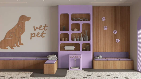 Veterinary hospital waiting room in purple and wooden tones. Sitting room with benches and pillows, terrazzo tiles and carpet. Bookshelf with pet food, water cooler. Interior design